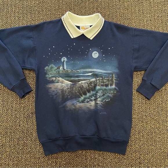 Morning Sun Tops - Vintage 80s Morning Sun Grandmacore Lighthouse Collared Sweatshirt Small/Medium